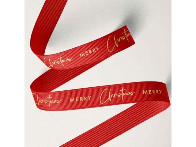 16mm Merry Xmas Ribbon Gold On Red